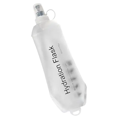 White TPU soft flask with bite valve, shown in a running vest pocket