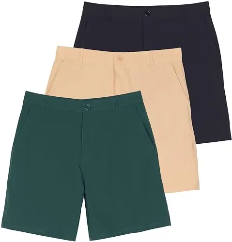 Real Essentials 7-inch golf shorts in a 3-pack showing black, navy, and brown colors