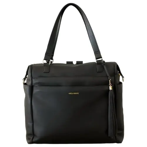 Kaela Marie black vegan leather diaper bag tote with gold hardware