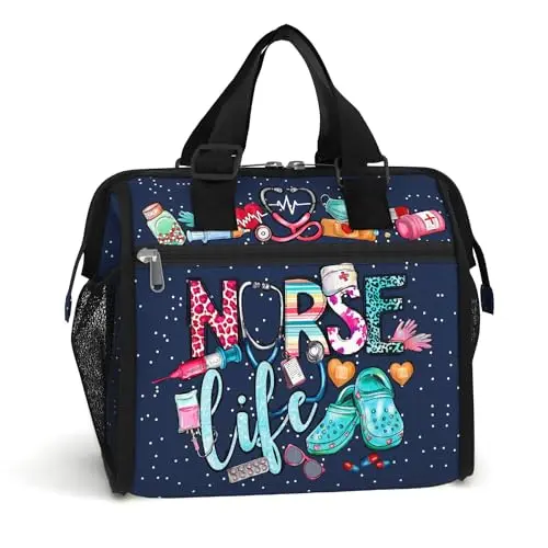 84HOODS rectangular insulated lunch bag with adjustable strap and 'Nurse Life' print