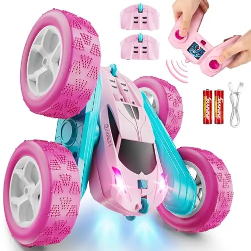 QUNREDA pink remote control stunt car performing a 360 flip