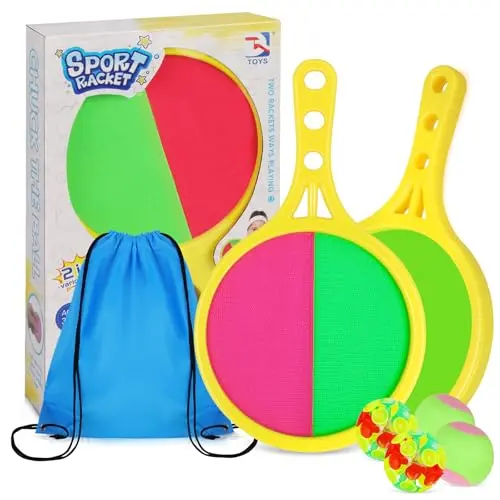 Ekubx toss and catch ball set with yellow paddles and balls in a backpack