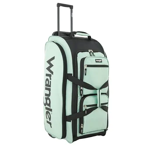 Wrangler Wesley Seaform Blue Rolling Duffel Bag with multiple pockets
