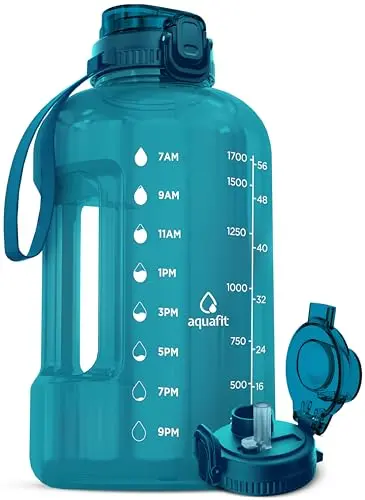 AQUAFIT half-gallon aqua water bottle with time markers and a combined straw and chug lid