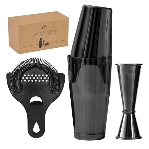 A Bar Above 4-piece black stainless steel cocktail shaker set with Boston shaker, strainer, and jigger