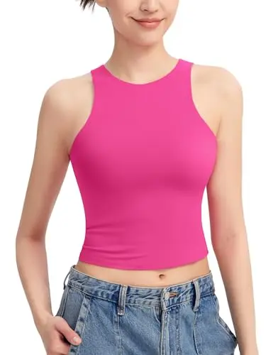 Pumiey High Neck Racer Back tank top in blush color, showing crop length and sleeveless design