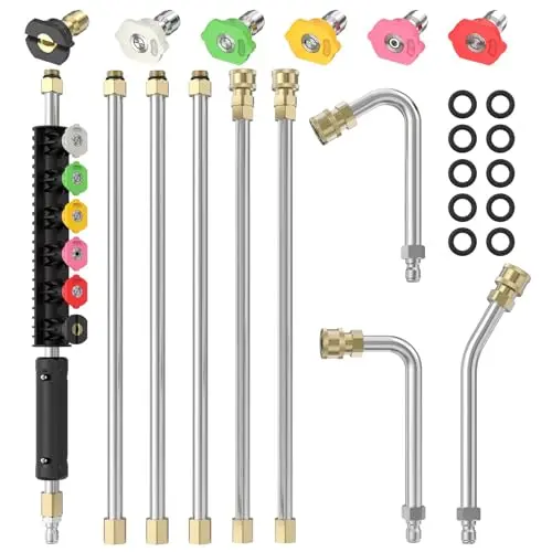 Sealegend 8-foot pressure washer extension wand with brass quick-connect and a set of six spray nozzle tips.