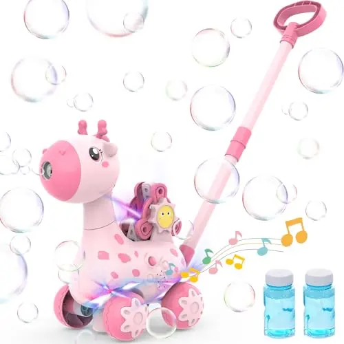 Pink giraffe-shaped OLMURI bubble blower lawn mower toy with lights
