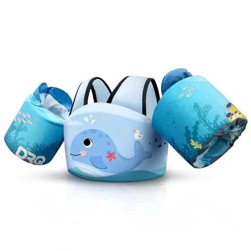 DRQ Whale-style toddler swim vest with shoulder harness
