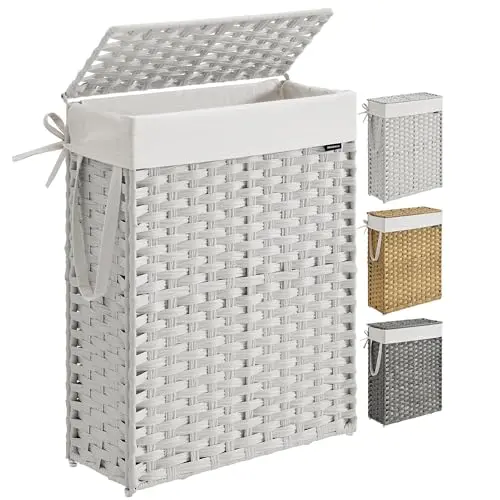 SONGMICS slim white laundry hamper with a rattan-style weave and a lid.