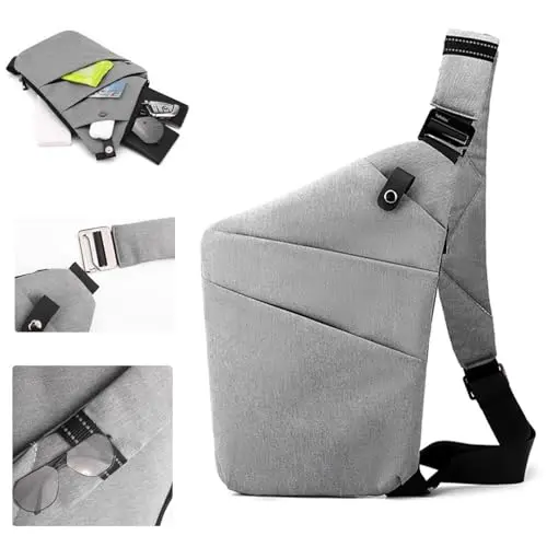 Grey anti-theft crossbody sling bag for men and women showing hidden zippers
