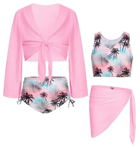 GRACE KARIN 4-piece girls swimsuit set including tankini, shorts, kimono, and tee cover-up