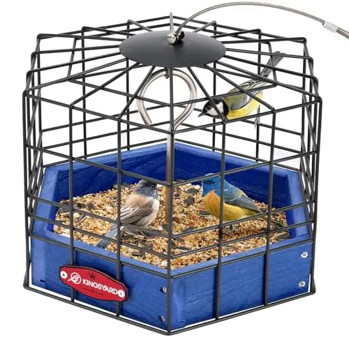 Kingsyard blue platform bird feeder with a metal mesh cage and tray