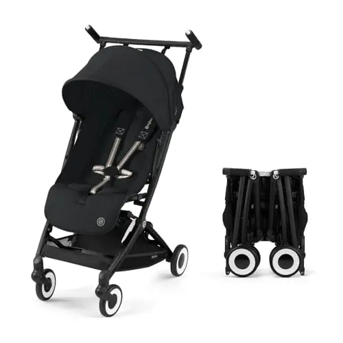 Cybex Libelle 2 sleek black stroller in a compact folded position