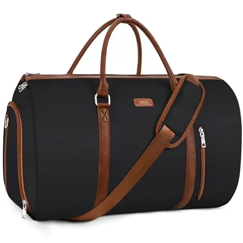 Black Convertible Garment Duffle Bag hanging and showing suit compartment