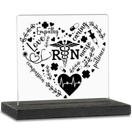 Clear square acrylic desk sign on wood stand with nurse appreciation message