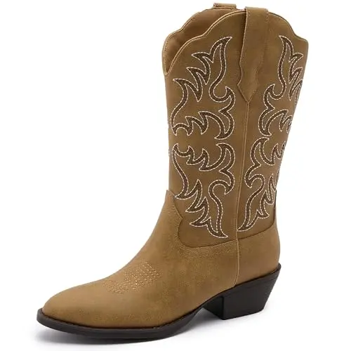 Canyon Trails mid-calf cowboy boots for women in tan with traditional stitching