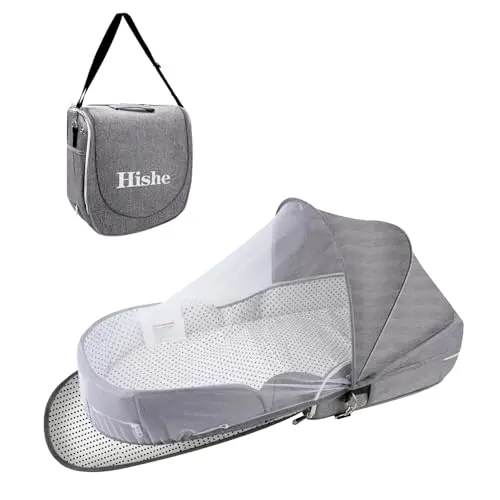 Hishe Baby Travel Bassinet set including mattress, cool mat, and mosquito net