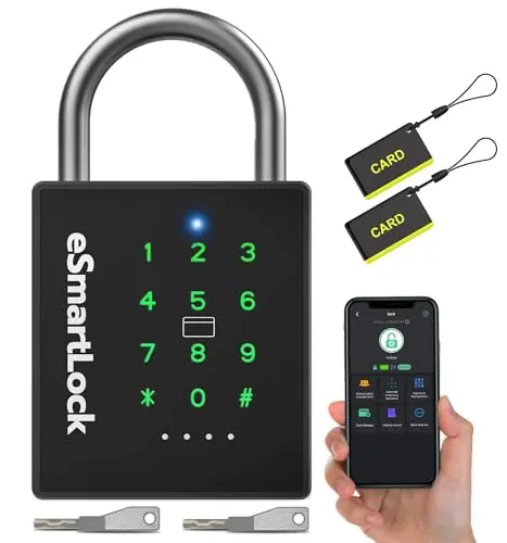 eLinkSmart black electronic padlock with a keypad and Bluetooth connectivity.