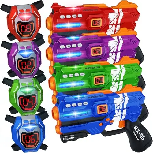 IVOXEX laser tag set showing guns and vests with digital score displays