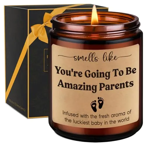 GSPY brown glass jar candle with label that reads 'Smells like you're going to be amazing parents'