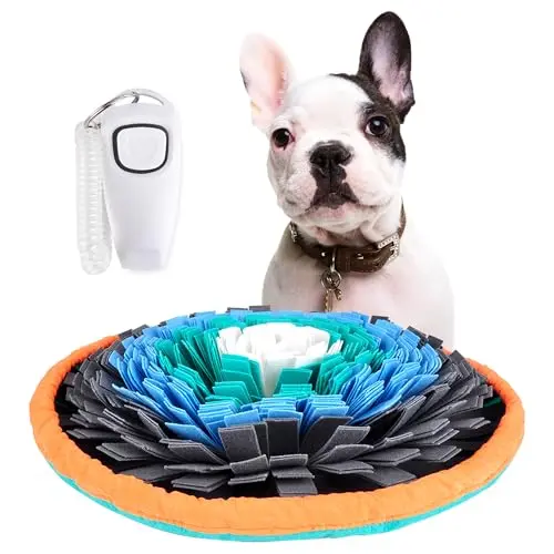 Friendly Barks green and gray snuffle mat for dogs, made of fleece with hiding spots for treats.