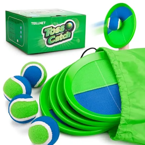 Upgraded toss and catch ball set with four paddles, four balls, and storage bag