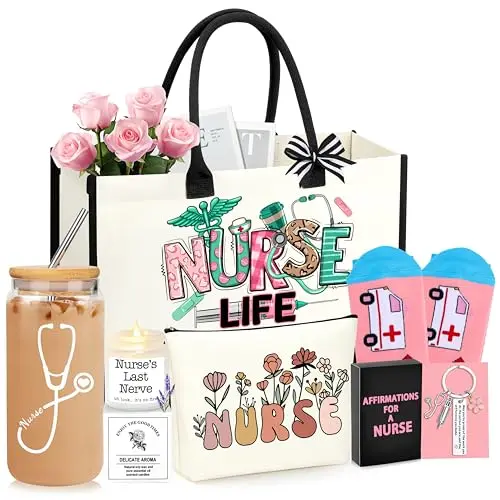 DOGMEM Nurse Appreciation Gift Set including canvas tote, glass, candle, socks, and more