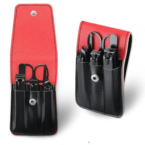 Black PU leather manicure set case open to show nail clippers and grooming tools