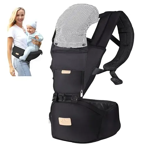 FRUITEAM 6-in-1 baby carrier in black, showing its linen fabric and multiple carrying positions.