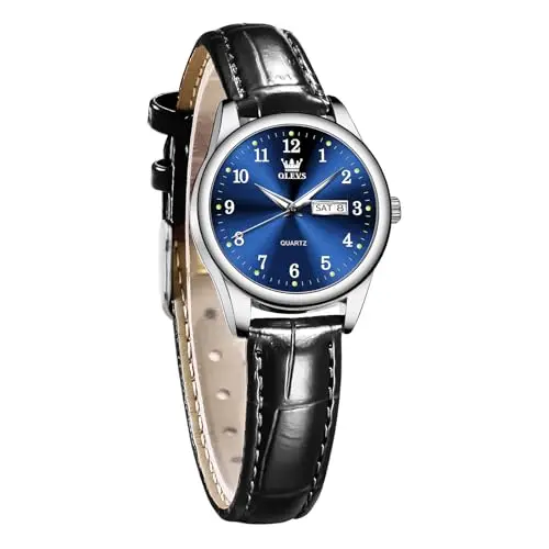 OLEVS women's watch with black leather band and blue dial