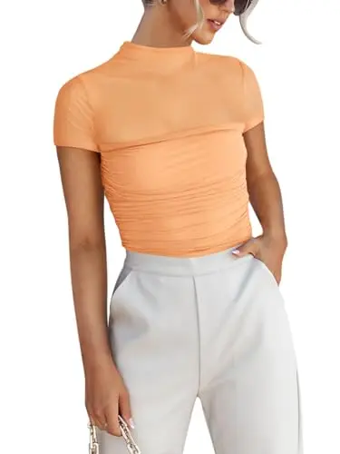 REORIA mock turtle neck mesh ruched bodysuit in peach fuzz