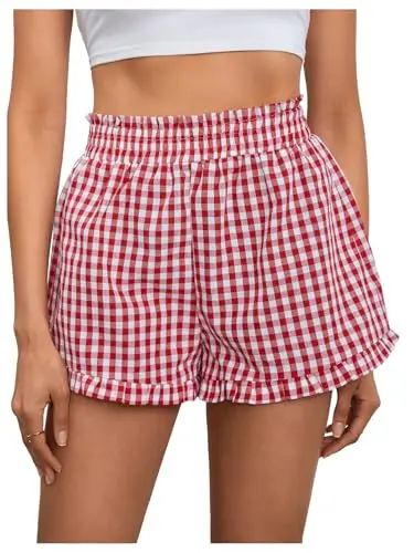 MakeMeChic Women's Gingham Ruffle Lounge Shorts in red and white