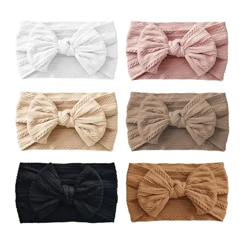 Fecawd pack of 6 soft nylon baby headbands with attached bows in pastel colors.