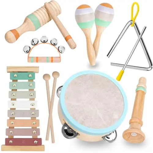 Wooden musical instrument set in neutral boho colors for toddlers