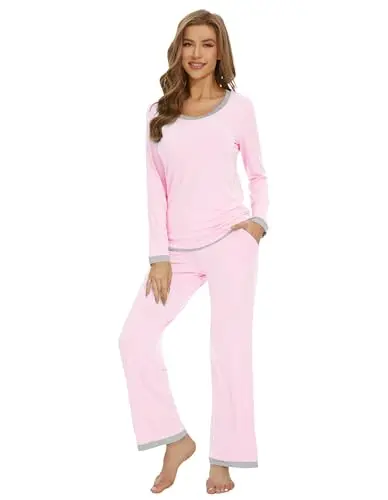 WiWi women's long sleeve pajama set with scoop neck in pink