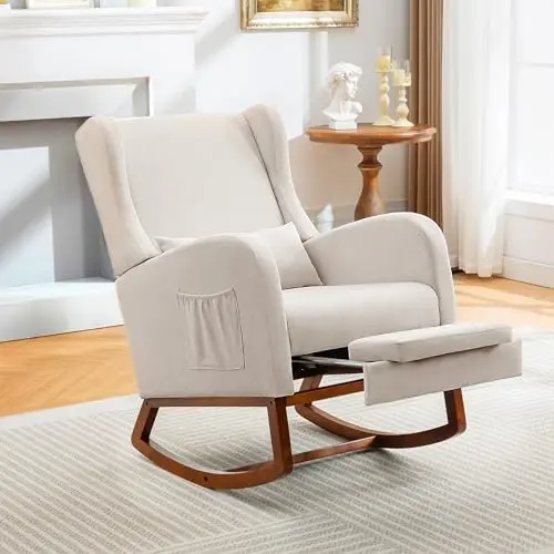 AYEASY beige linen fabric nursery glider chair with footrest and side pocket