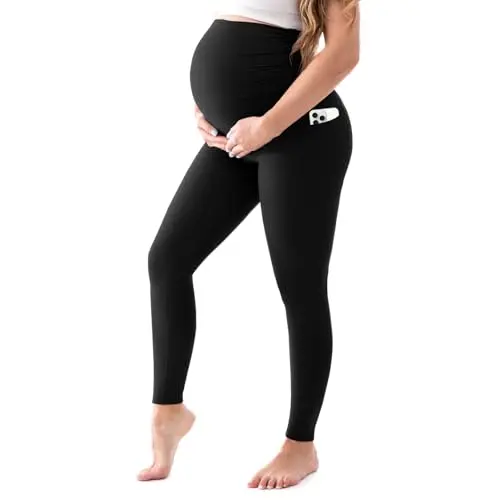 Walifrey black maternity leggings with pockets and high-waisted over-belly design