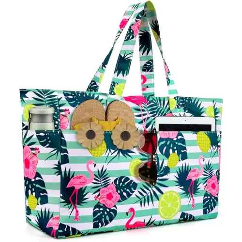 ISEYOU extra large beach tote with multiple colorful pockets.
