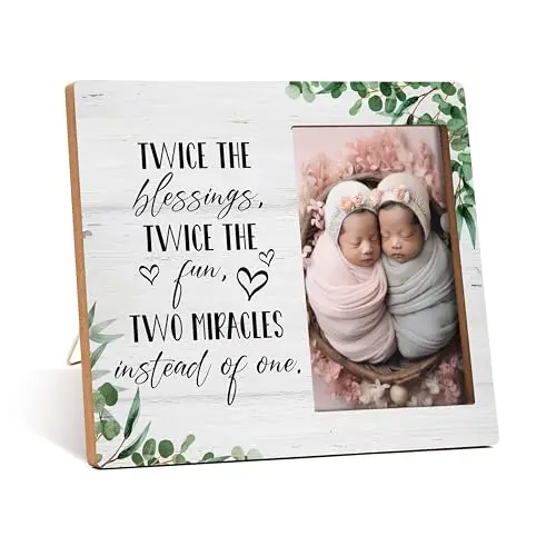 Qiwog rustic wooden picture frame with Twice The Blessings Twice The Fun text for twin photos