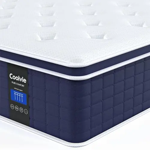 Coolvie 14 inch Hybrid Twin XL Mattress in a box, unrolled on a platform