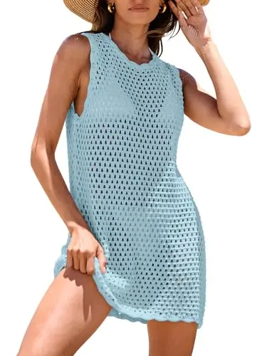 ANRABESS sleeveless knit cover-up in sky blue with crochet detail