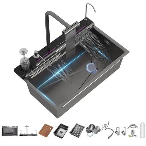 SDGRP smart digital display double waterfall stainless steel kitchen sink with faucet