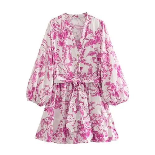 Chicwish women's floral print mini dress with lantern sleeves and a belt