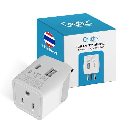 Ceptics Thailand Travel Plug Adapter with USB-A and USB-C ports