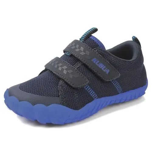 KUBUA Kids Barefoot Shoes in blue with stretchy fabric and wide toe box