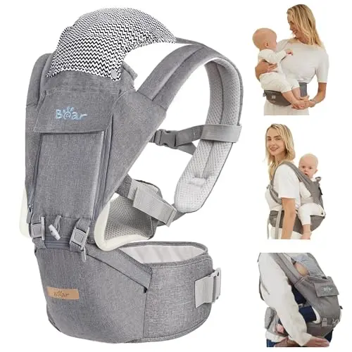 Bear baby carrier with detachable hip seat in grey