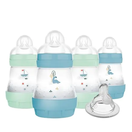 MAM 5oz Easy Start Anti-Colic Baby Bottle set in pale mint and denim