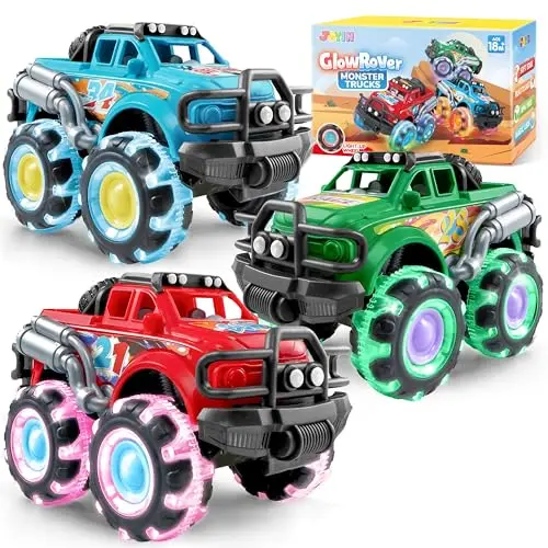 Set of three colorful Vroomix monster trucks with flashing LED wheels