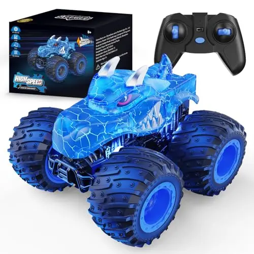 Red and black remote control monster truck with large tires and LED light spray